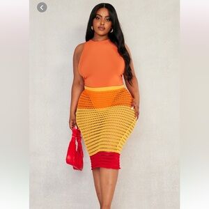 PLT Striped Red Yellow Orange Crochet Knit Cover Up Pencil Midi Skirt Sz 16 NWT